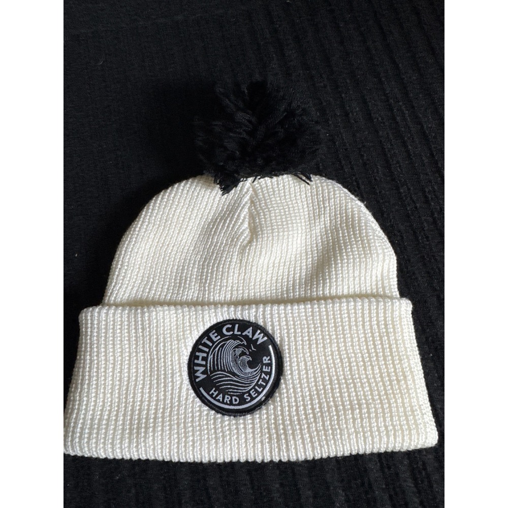 White Claw Hard Seltzer White Knit Womens Beanie Hat Black Pom Pom